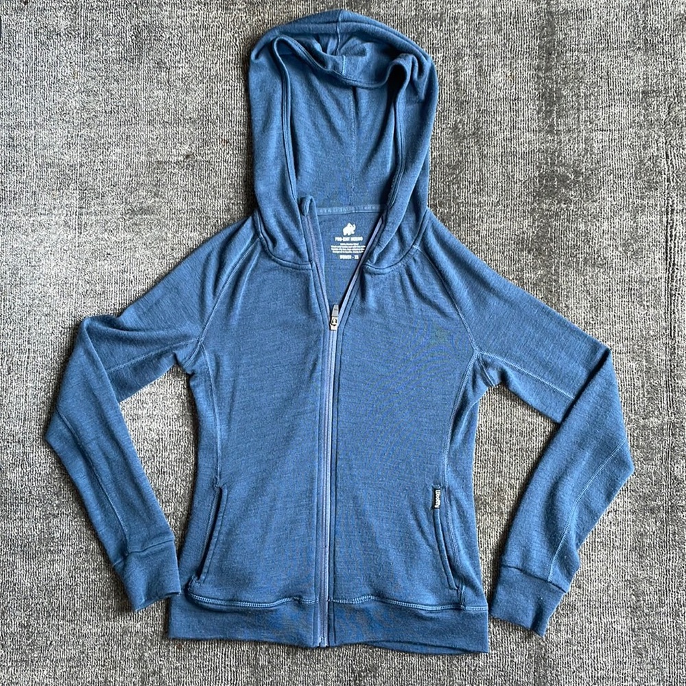 Woolly pro knit merino wool full zip hoodie XS extra small deep sea blue